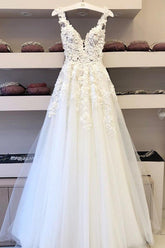 Cheap V-neck Long Wedding Dresses A-line Bridal Gowns with Appliques